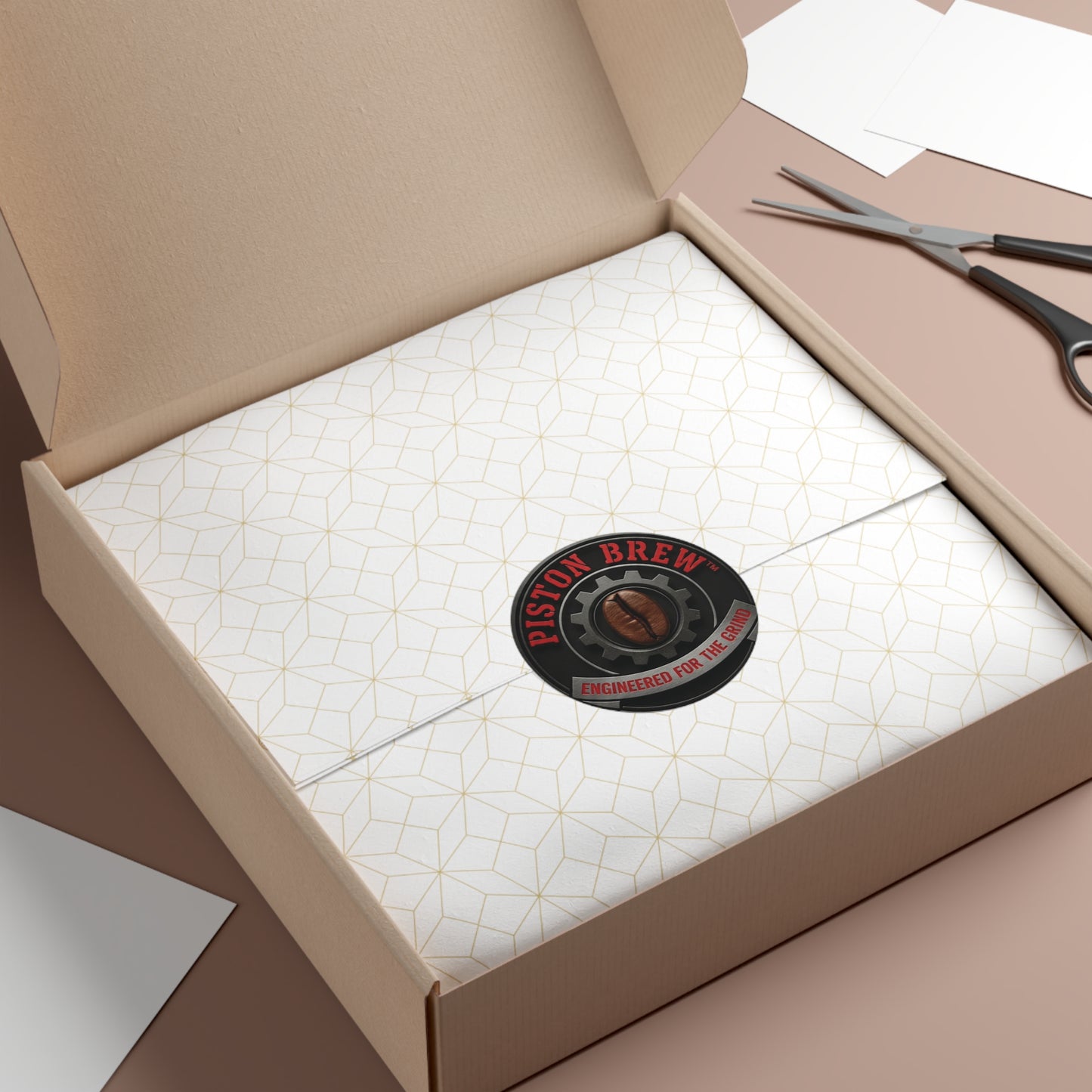 Piston Brew Round Vinyl Sticker — "Engineered for the Grind" Coffee Logo