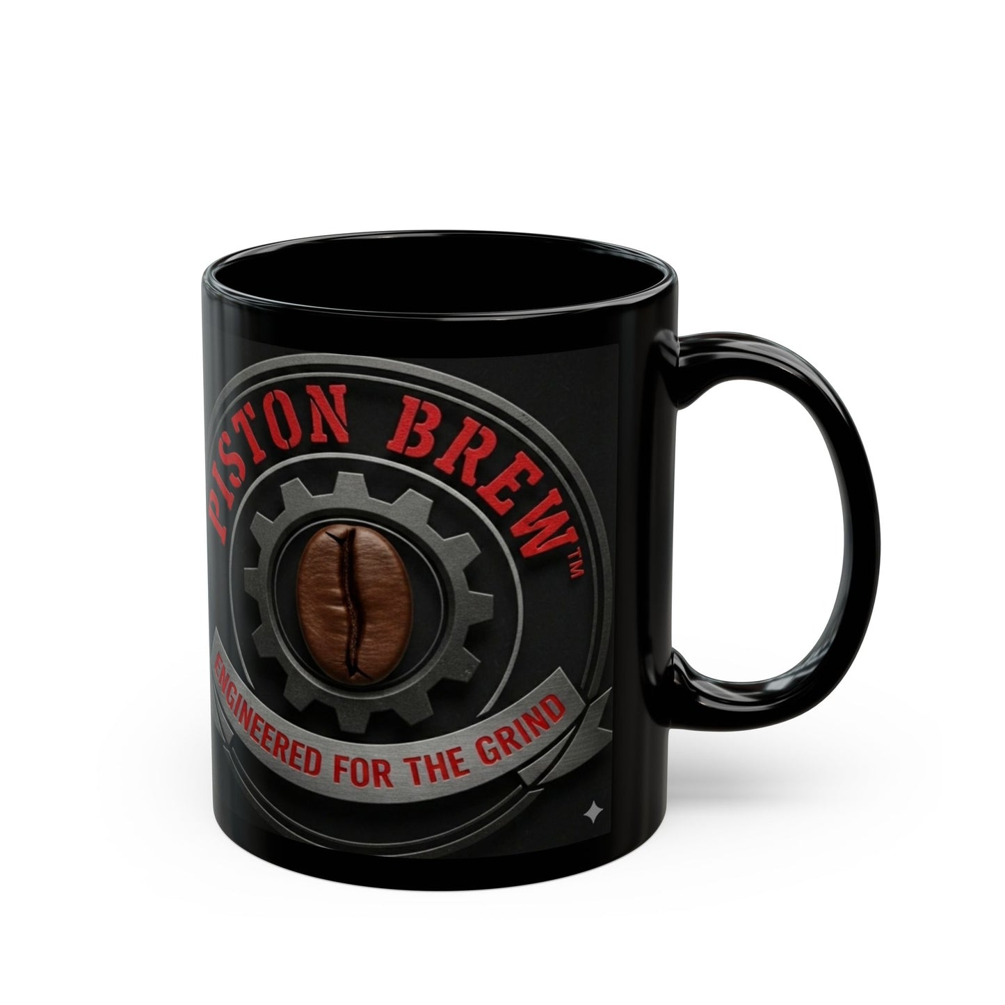Piston Brew Coffee Mug — "Engineered for the Grind" Black Ceramic Mug
