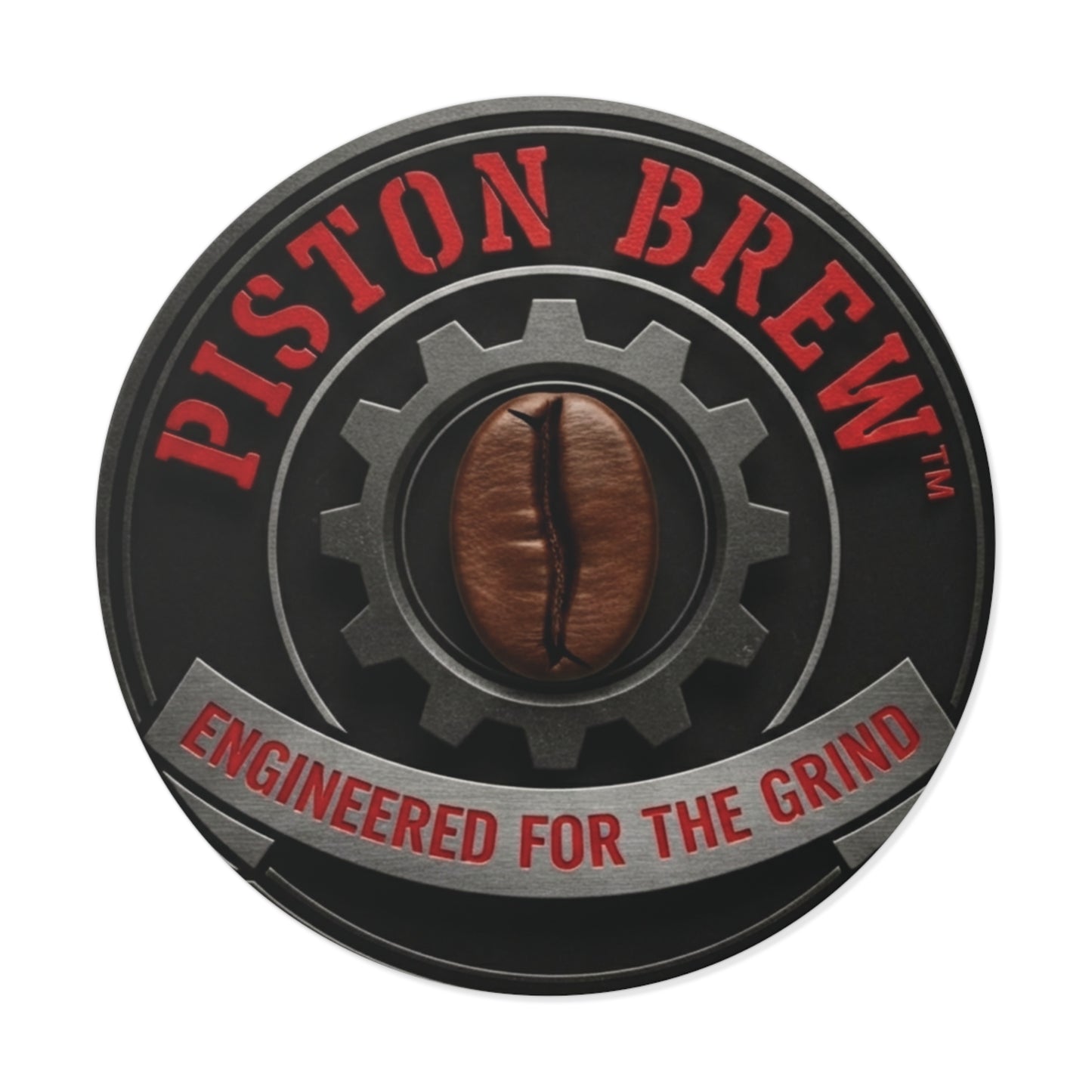 Piston Brew Round Vinyl Sticker — "Engineered for the Grind" Coffee Logo