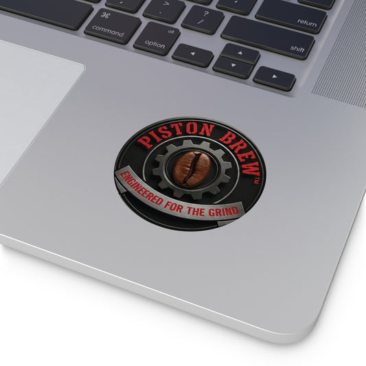 Piston Brew Round Vinyl Sticker — "Engineered for the Grind" Coffee Logo
