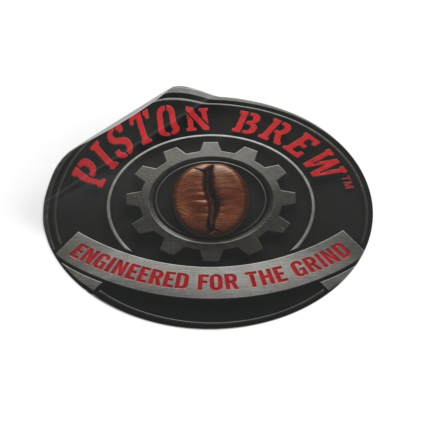 Piston Brew Round Vinyl Sticker — "Engineered for the Grind" Coffee Logo